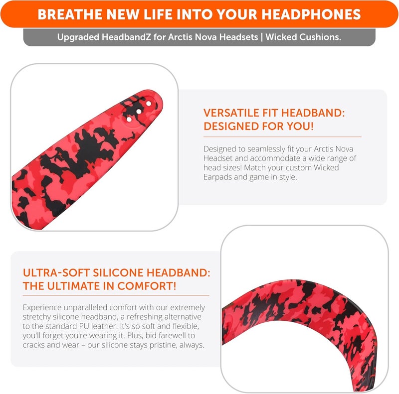 WC HeadbandZ Arctis Nova - Upgraded Silicone Headband for Arctis Nova Headsets by Wicked Cushions - Enhanced Flexibility, Comfort, and Style with Matching Earpad Designs | Red Camo - Image 4